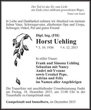 Traueranzeige von Horst Uehling von Südthüringer Presse