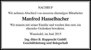 Traueranzeige von Hasselbacher Manfred von Frankenpost