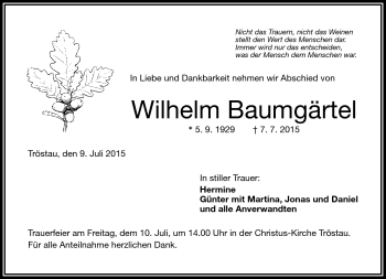 Traueranzeige von Wilhelm Baumgärtel von Frankenpost