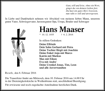 Traueranzeige von Hans Maaser von Neue Presse Coburg
