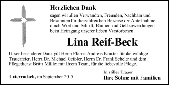 Traueranzeige von Lina Reif-Beck von Neue Presse Coburg