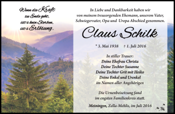 Traueranzeige von Claus Schilk von Südthüringer Presse