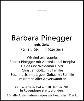 Traueranzeige von Barbara Pinegger von Frankenpost