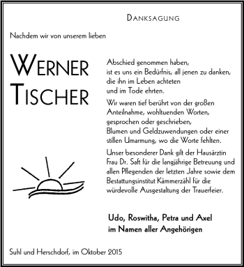 Traueranzeige von Werner Tischer von Südthüringer Presse