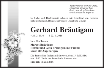Traueranzeige von Gerhard Bräutigam von Südthüringer Presse