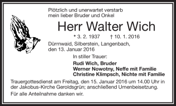 Traueranzeige von Walter Wich von Frankenpost