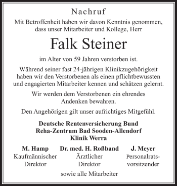Traueranzeige von Falk Steiner von Südthüringer Presse