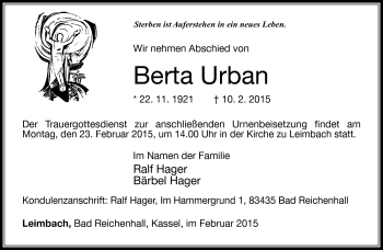 Traueranzeige von Berga Urban von Südthüringer Presse