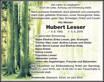 Traueranzeige von Hubert Lesser von Südthüringer Presse