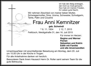 Traueranzeige von Anni Kemnitzer von Frankenpost