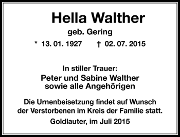 Traueranzeige von Hella Walther von Südthüringer Presse