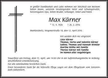 Traueranzeige von Max Kärner von Frankenpost