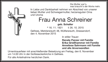 Traueranzeige von Anna Schreiner von Frankenpost