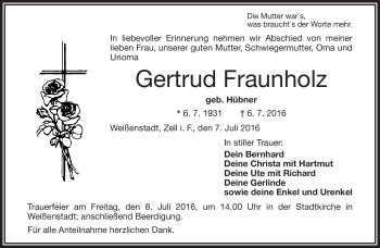 Traueranzeige von Gertrud Fraunholz von Frankenpost