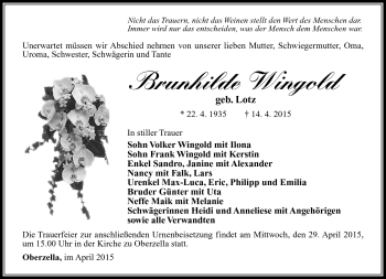 Traueranzeige von Brunhilde Wingold von Südthüringer Presse