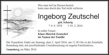 Traueranzeige von Ingeborg Zeutschel von Südthüringer Presse