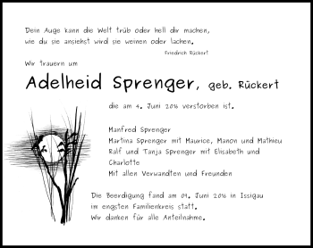 Traueranzeige von Adelheid Sprenger von Frankenpost