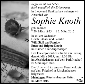 Traueranzeige von Sophie Knoth von Südthüringer Presse