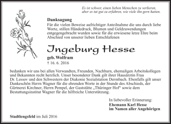 Traueranzeige von Ingeburg Hesse von Südthüringer Presse