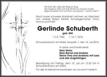 Traueranzeige von Gerlinde Schubarth von Frankenpost