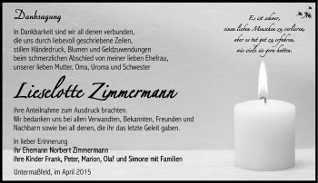 Traueranzeige von Lieselotte Zimmermann von Südthüringer Presse
