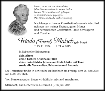 Traueranzeige von Frieda Malsch von Südthüringer Presse