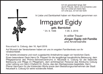Traueranzeige von Irmgard Egidy von Neue Presse Coburg