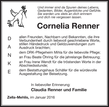 Traueranzeige von Cornelia Renner von Südthüringer Presse