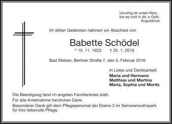 Traueranzeige von Babette Schödel von Frankenpost