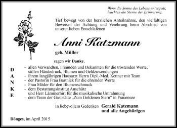Traueranzeige von Anni Katzmann von Südthüringer Presse