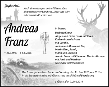 Traueranzeige von Andreas Franz von Neue Presse Coburg