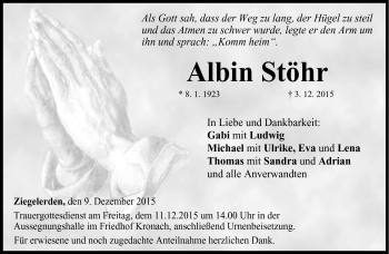Traueranzeige von Albin Stöhr von Neue Presse Coburg