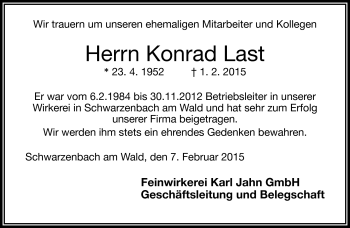 Traueranzeige von Konrad Last von Frankenpost