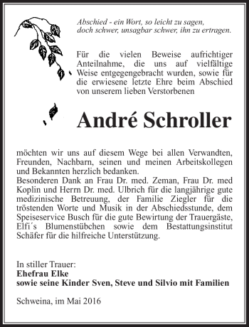 Traueranzeige von André Schroller von Südthüringer Presse