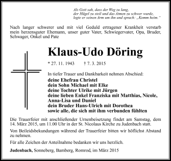 Traueranzeige von Klaus-Udo Döring von Südthüringer Presse