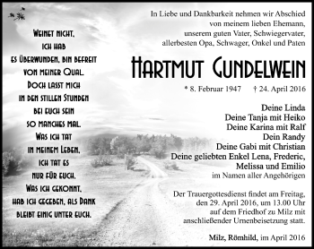 Traueranzeige von Hartmut Gundelwein von Südthüringer Presse
