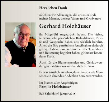 Traueranzeige von Gerhard Holzhäuser von Südthüringer Presse