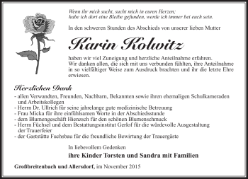 Traueranzeige von Karin Kolwitz von Südthüringer Presse