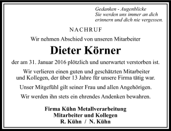 Traueranzeige von Dieter Körner von Südthüringer Presse