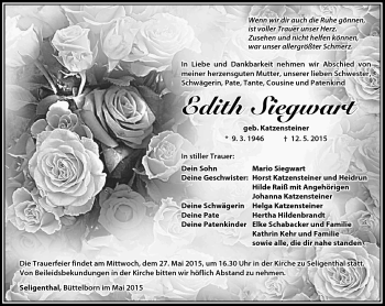 Traueranzeige von Edith siegwart von Südthüringer Presse