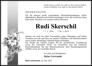 Traueranzeige von Rudi Skerschil von Südthüringer Presse