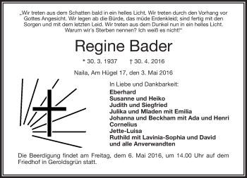 Traueranzeige von Regine Bader von Frankenpost