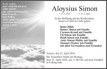 Traueranzeige von Aloysius Simon von Neue Presse Coburg