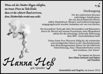 Traueranzeige von Hanna Heß von Südthüringer Presse