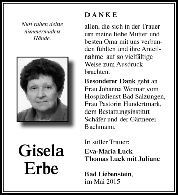 Traueranzeige von Gisela Erbe von Südthüringer Presse