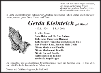Traueranzeige von Gerda Kleinteich von Südthüringer Presse
