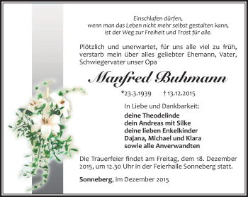Traueranzeige von manfred Buhmann von Südthüringer Presse