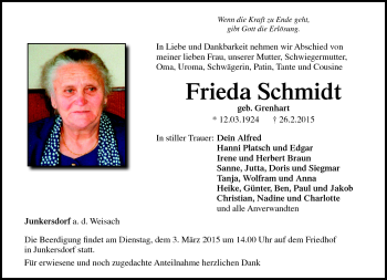 Traueranzeige von Frieda Schmidt von Neue Presse Coburg