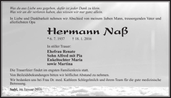 Traueranzeige von Hermann Naß von Südthüringer Presse