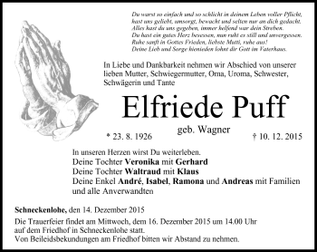 Traueranzeige von Elfriede Puff von Neue Presse Coburg